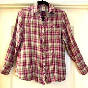 Carhartt Button Up Shirt Blouse women’s M Long Sleeve purple pink Plaid Cotton